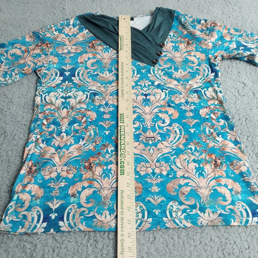 Just Fashion Pullover Top M Blue Paisley Mock Button Collar Soft Cozy Pullover - Picture 9 of 13